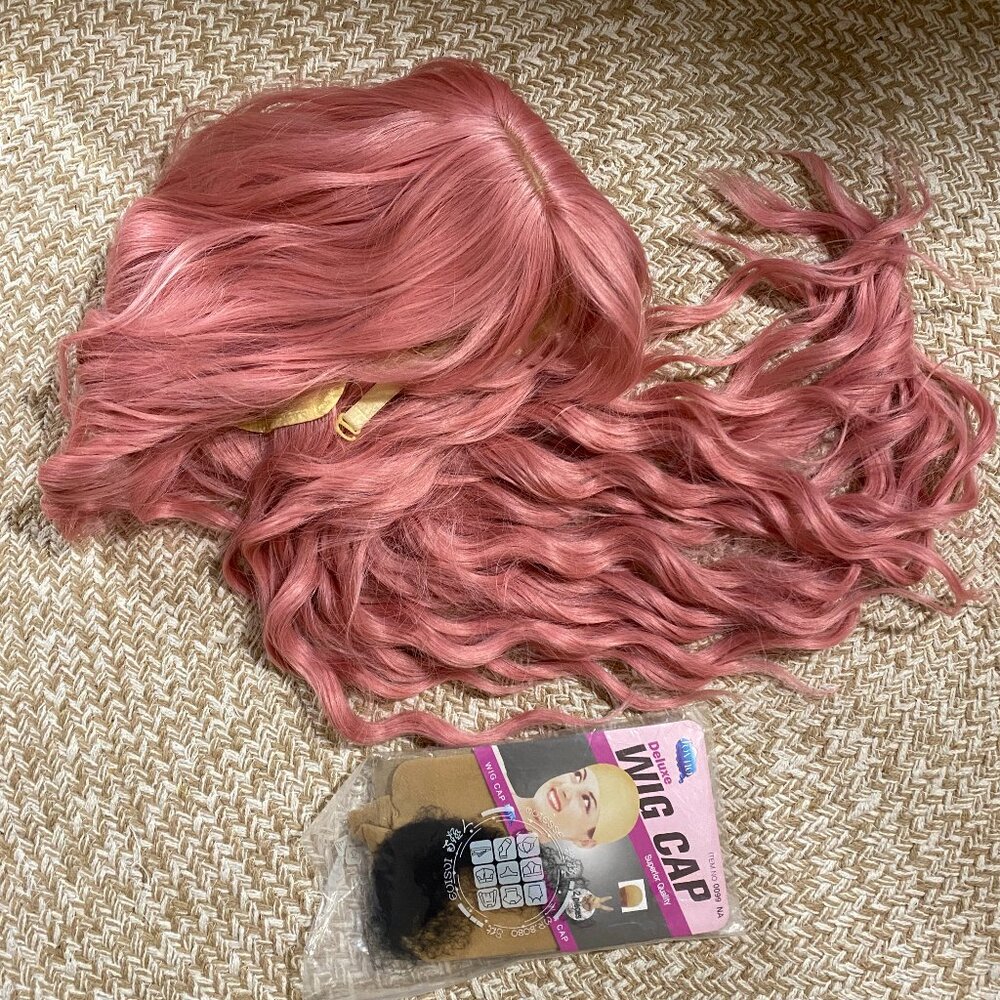 SHEIN Pink Wavy Hair Wig with Bangs